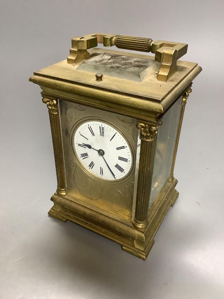 A large French gilt brass repeating carriage clock, signed EM and co. 16cm